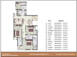 Floor Plans 3 BHK with worker room_1500 Sq. ft. Type-1